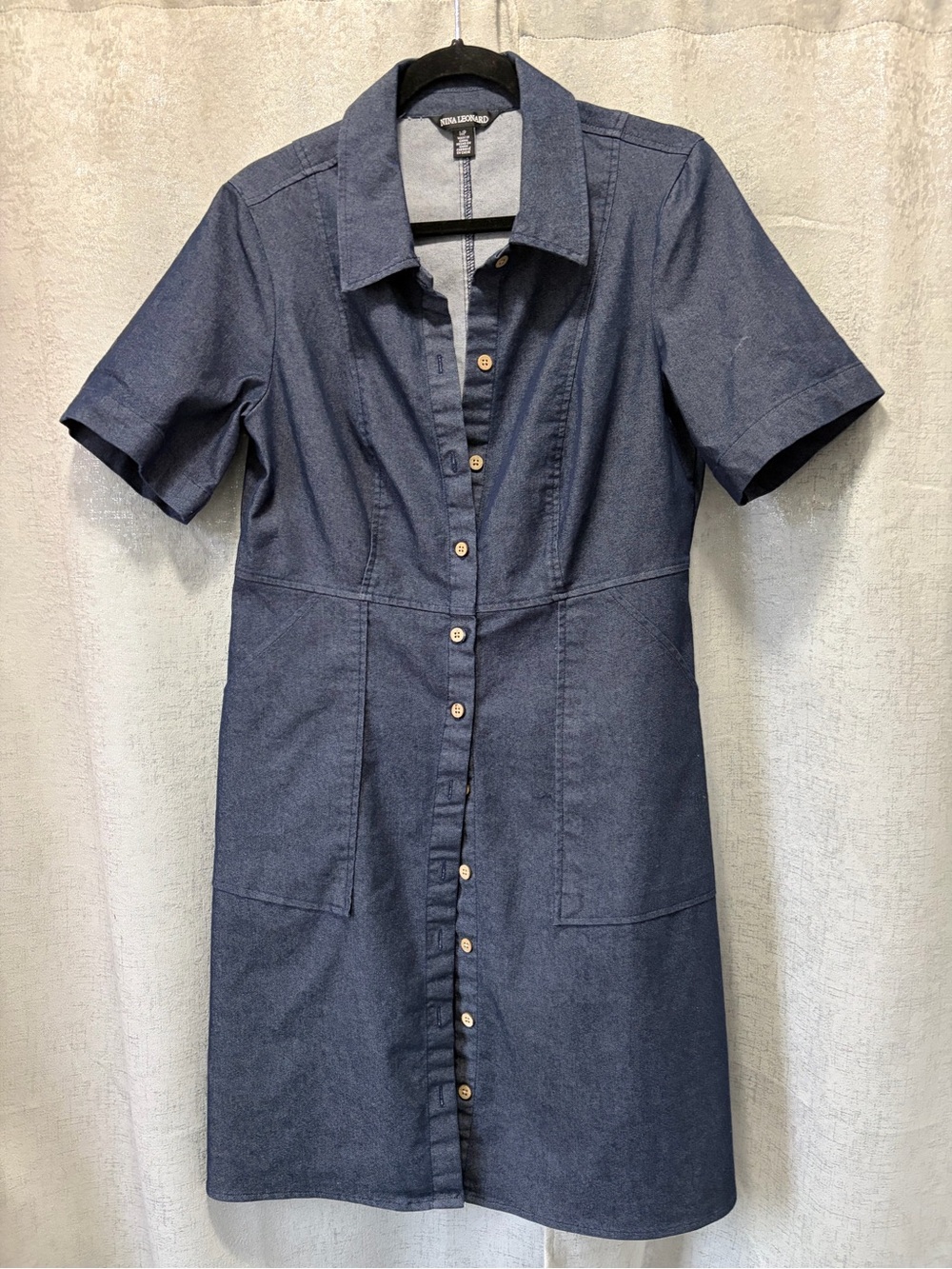 Nina Leonard Navy Blue Button-Front Midi Shirt Dress